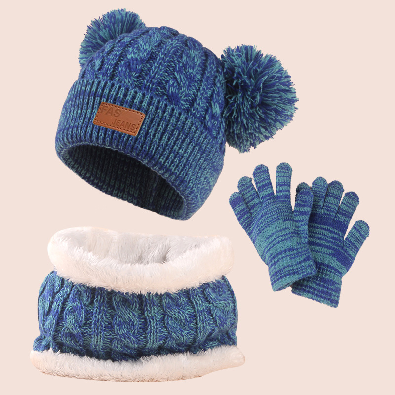 Picture of European and American leather label knitted children's hat scarf gloves three-piece winter baby hat warm children's wool hat