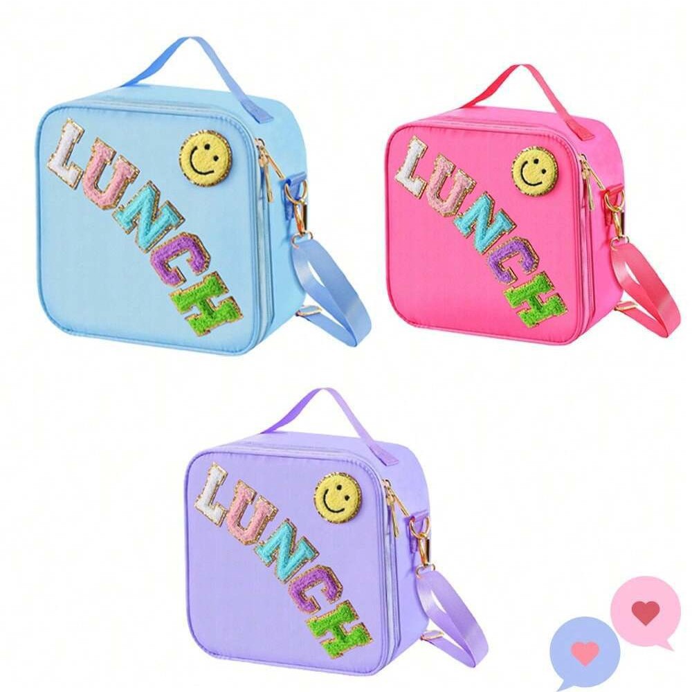 Picture of Cross-border Embroidered Letter Smiley Outdoor Portable Insulated Aluminum Lunch Bag Portable picnic bag