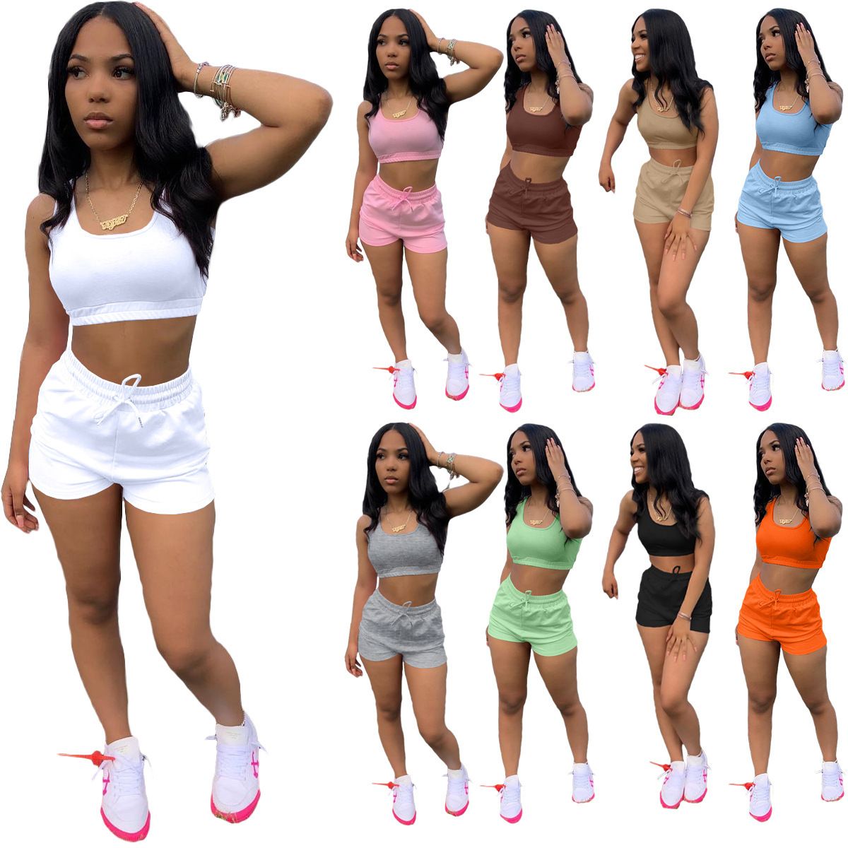 2023 European and American women's clothing Amazon summer new solid color ladies suit vest shorts two-piece set suit women