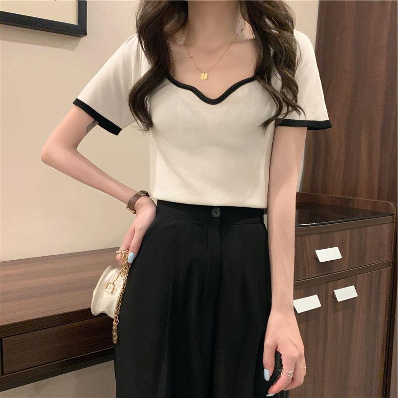 Short-sleeved T-shirt Women's Thin Summer 2021 New Arrival Trendy Design Sense Niche V-neck Irregular Slim-fit Knitted Top