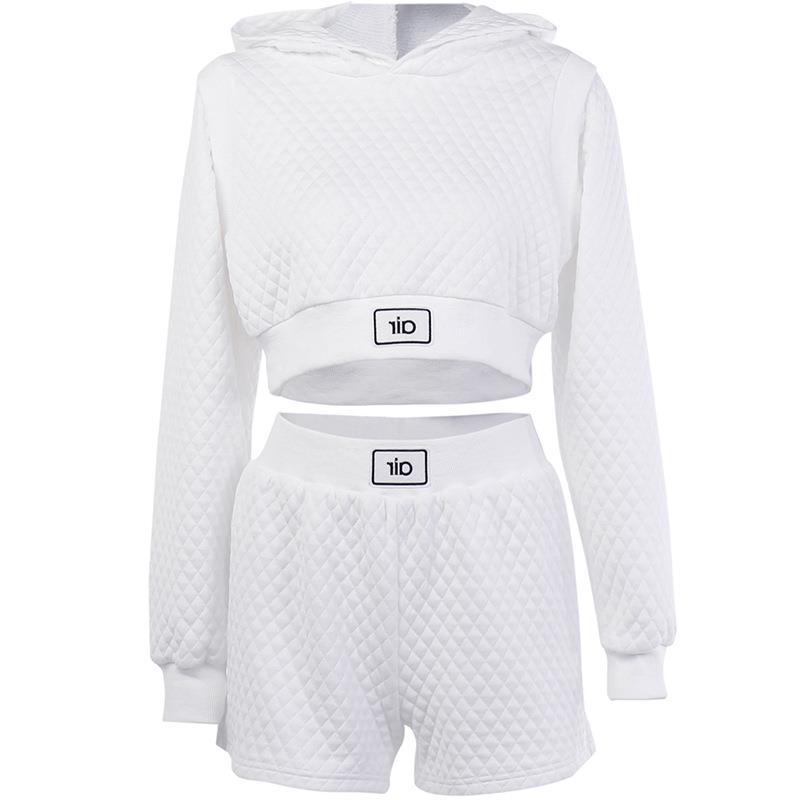 Picture of European and American Style Textured Plaid Faux Two-Piece Hooded Sweatshirt and Shorts Set for Women, Autumn Casual Sports Lg Spliced Design