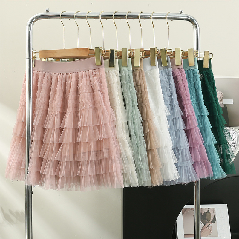 Layers of mesh skirt women's new elastic waist high waist slimming cake skirt A- line puffy skirt