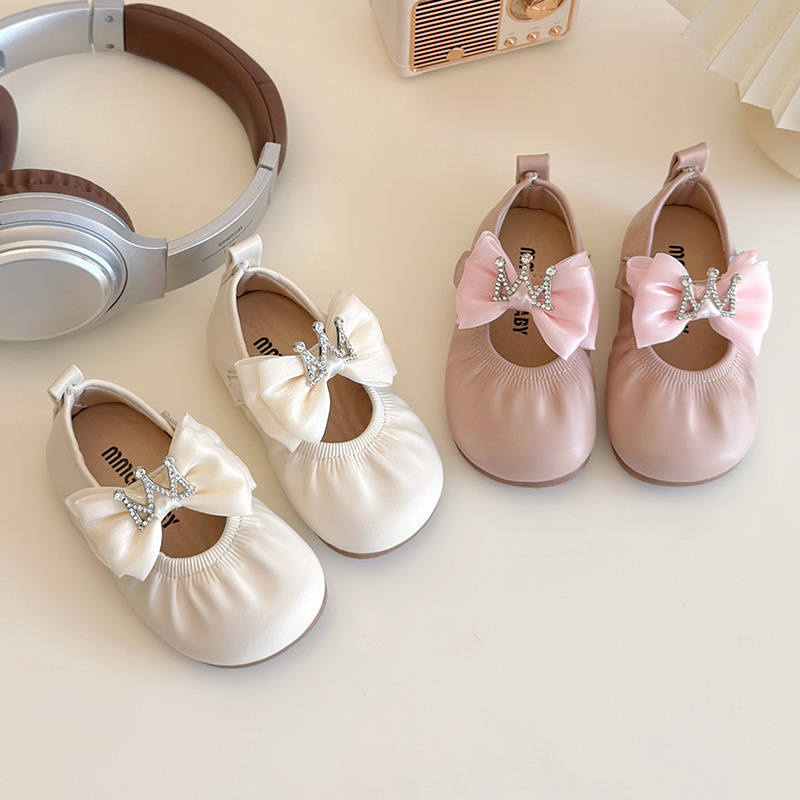 2025 Spring New Children's Leather Shoes Stylish Princess Shoes Girls All-match Rhinestone Crown Bow Shoes