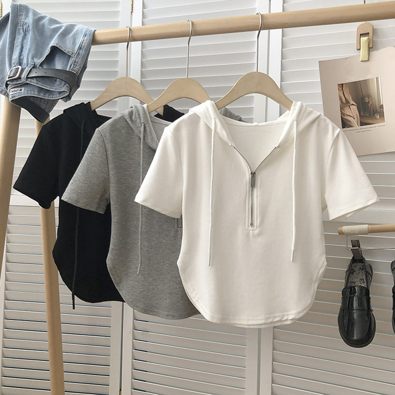 Irregular Drawstring Zipper Hooded Short-sleeved T-shirt Base Shirt Women's Summer Korean-style All-match Slim-fit Short Top Trendy