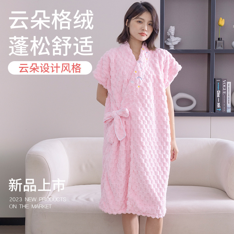Picture of Wearable wrap bath towel female cloud jacquard cross strap bathrobe coral fleece absorbent adult bath skirt embroidery