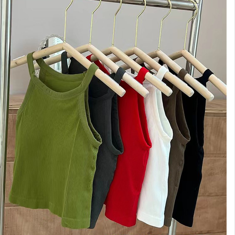 New Autumn and Winter Thread Cotton Hanging Neck Vest Fixed One Cup Spice Girl Outer Wear Tight Base Long Slim Underwear