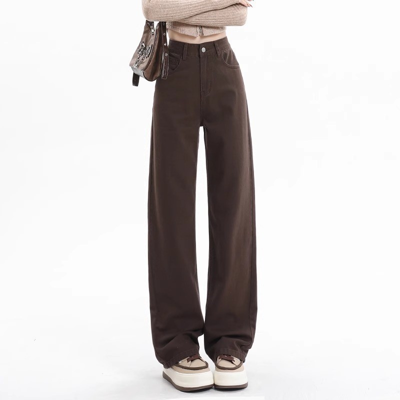 Brown Narrow High Waist Straight Jeans Women's Fashion All-match Spring and Autumn Loose Slim Look Wide Leg Pants