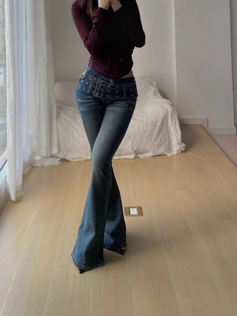 All-Match 2025 Fashion Fashionable Design Sense Low Waist Slimming New Washed Stretch Denim Micro-Lar Jeans Trendy