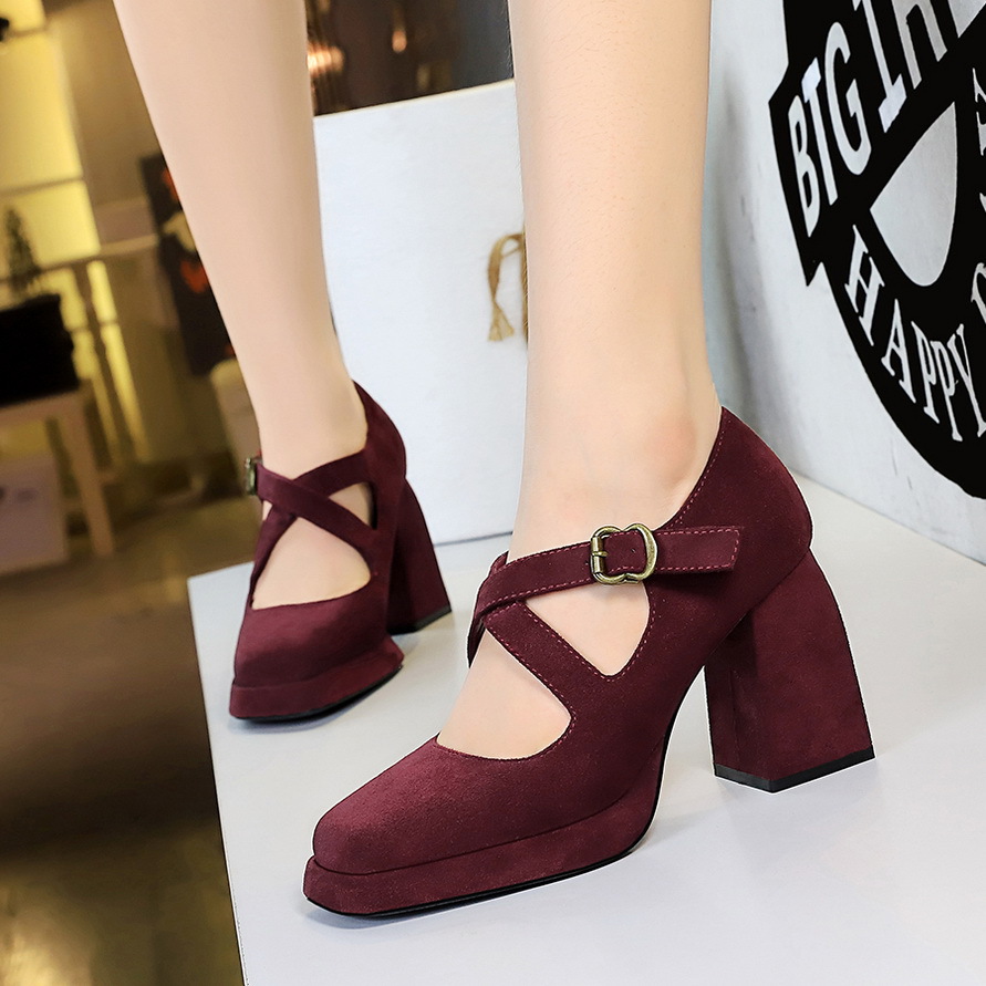 9613-8 European and American style women's shoes high heel thick heel waterproof platform shallow mouth square head belt buckle suede cross strap single shoes for women