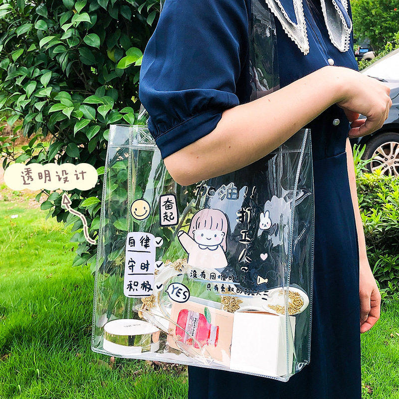 PVC plastic tote bag ins style small fresh student waterproof source factory transparent girl satchel cartoon