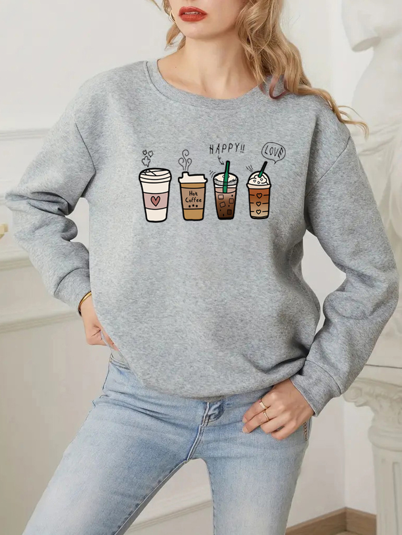 Picture of Amazon spring and autumn women's back bag collar fleece-lined sweater crew neck letter printing foreign trade sweater explosions women