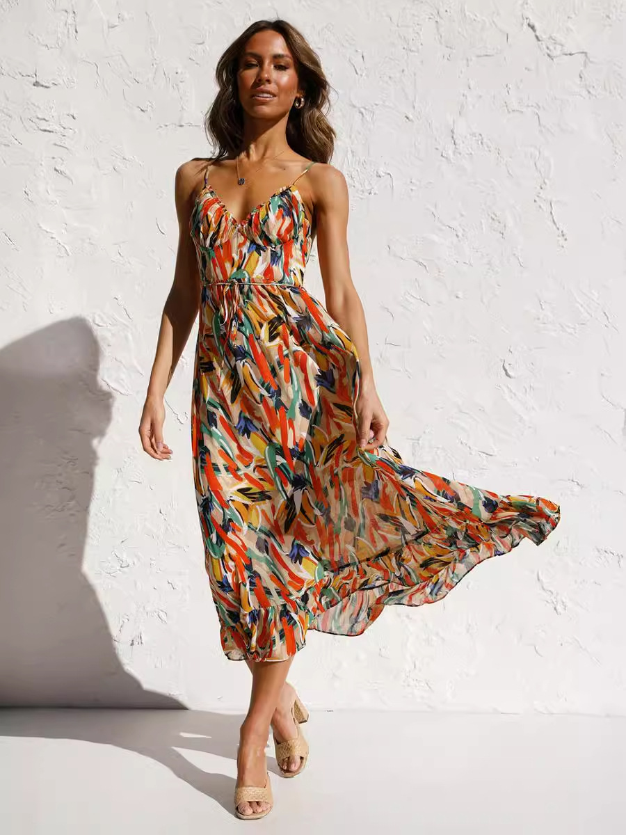 2024 New Cross-border European and American Strap Printed Summer Vacation Bohemian Dress Beach Lace-up A- line Dress