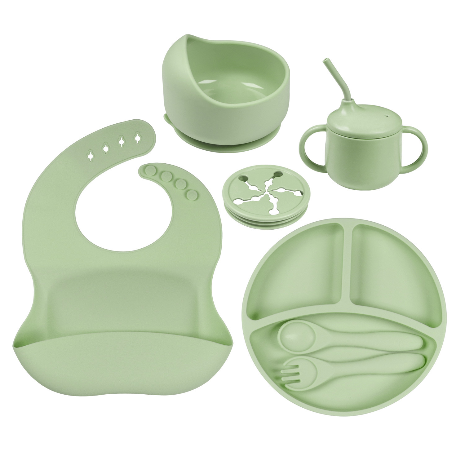 Picture of Cross-border Hot Selling Children's Supplementary Silicone Dinner Plate Bowl Fork Spoon Bib Five Pieces Tableware suit Drop Resistant Dinner Plate suit
