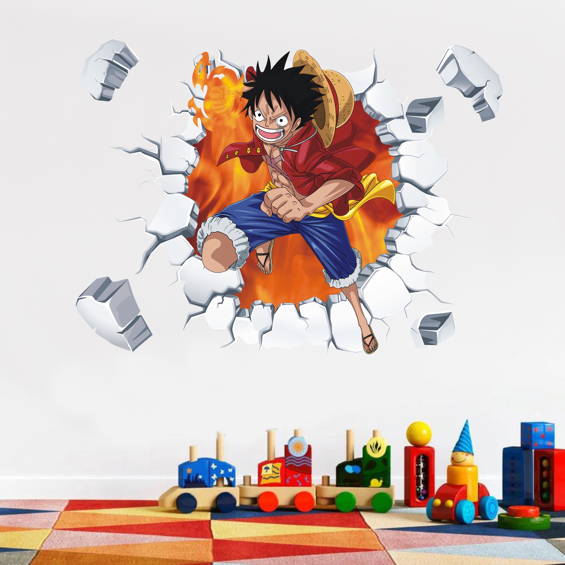Cross-border New Products One Piece 3D Broken Wall Wall Decoration Wall Stickers Cartoon Animation Luffy Bedroom Window Stickers Pvc