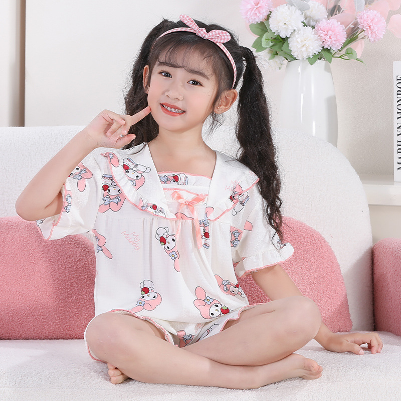 Picture of Children's Pajamas Summer Bubble Girls Cute Cartoon Princess Style Square Collar Short Sleeve Shorts Large Children's Home Clothes