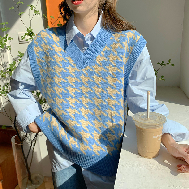 Picture of Houndstooth Vest Knitted Sweater 2022 Women's Autumn New Korean Loose Outer Wear Pullover Sweater Top