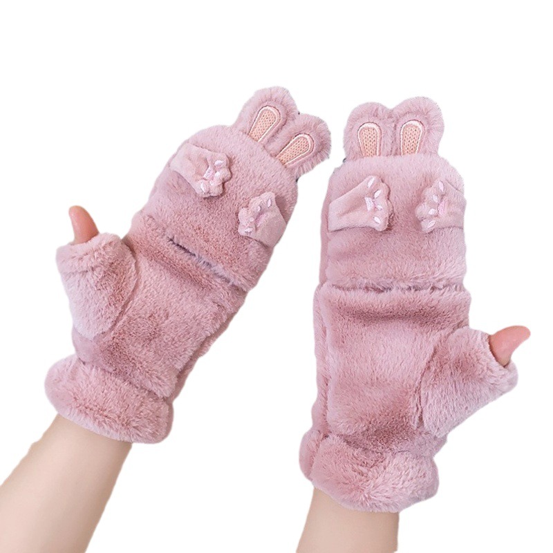 Winter fleece-lined thick warm gloves female cover face squinting rabbit ears half finger cute plush flip gloves student