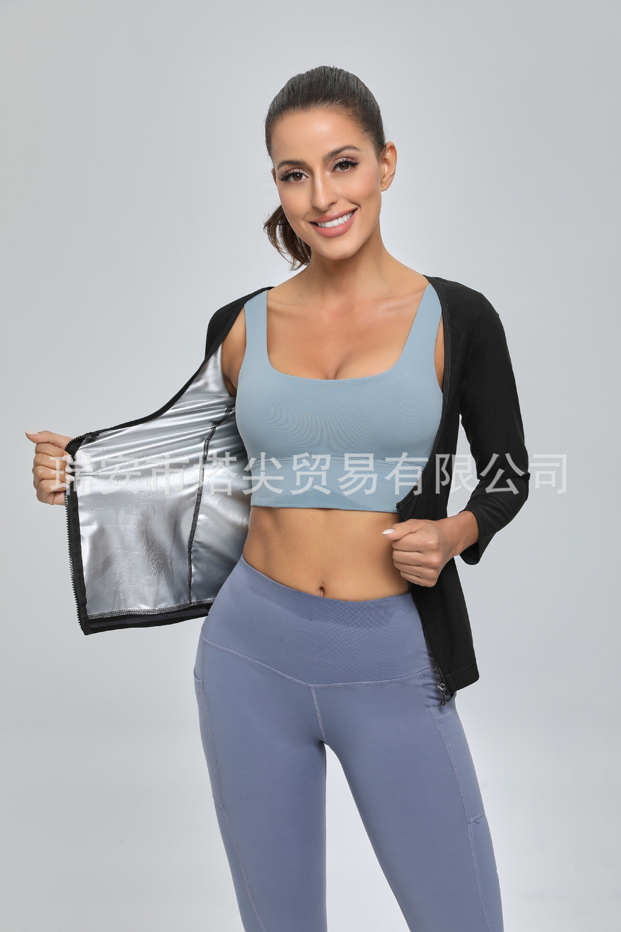 Picture of Body shaping clothes top long short sleeve thin arm zipper belly contracting stomach contracting back girdling running yoga fitness sweat