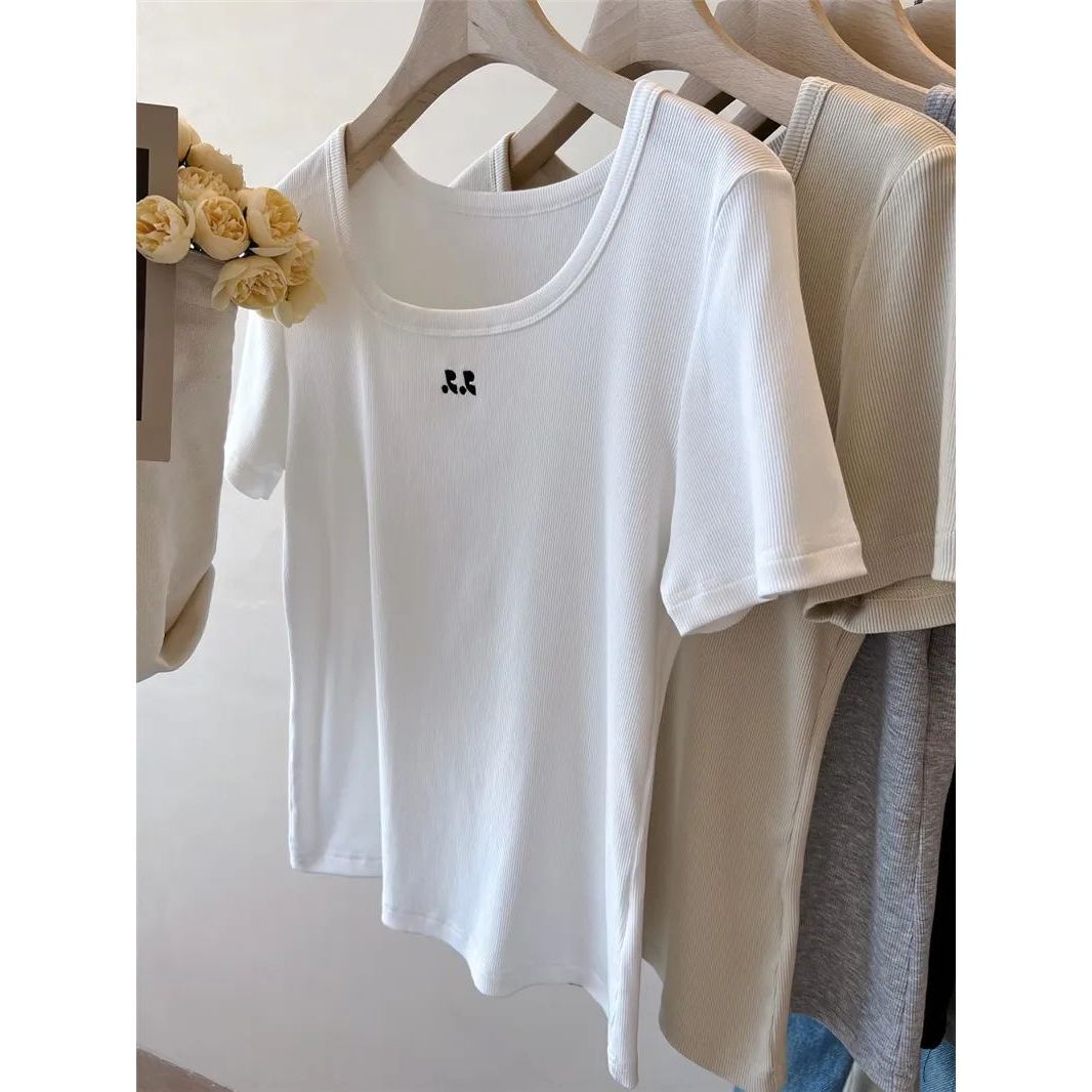 Embroidered Square Collar Short Slim-fit Short-sleeved T-shirt Women's Summer New Niche Design Sense Slim-fit Western Style Short-sleeved Top