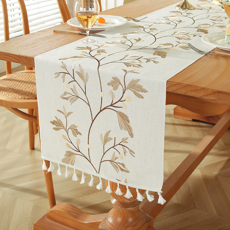 Cross-border European and American Amazon new simple cotton and linen embroidered table runner tassel home table towel home decoration