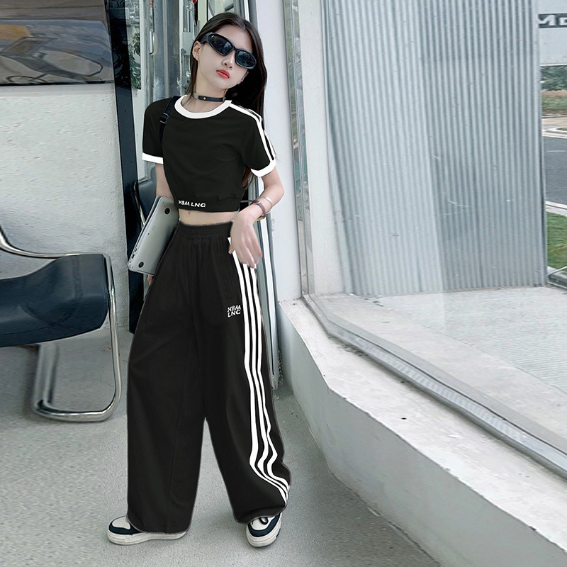 Picture of Girls' suit Summer 2025 New Children's Navel-exposed T-shirt Wide-leg Pants Casual Sportswear Two-piece Set
