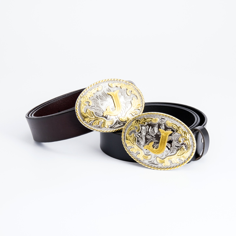 Picture of Golden men's belt whole two-layer cowhide fashion retro perforated belt buckle 3.8cm wide cross-border e-commerce