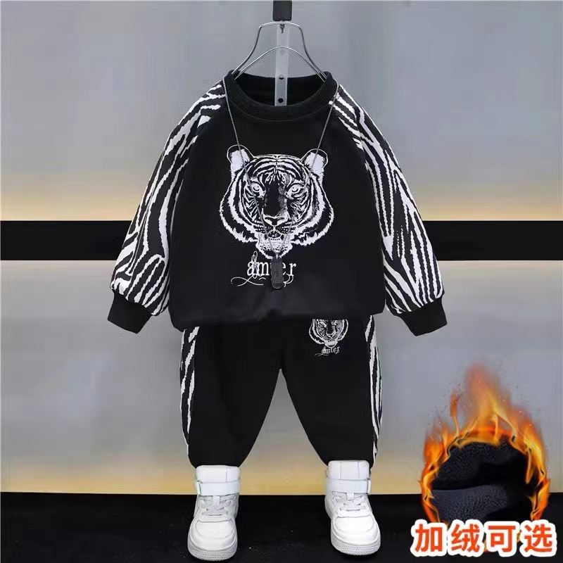 Picture of Boys' winter clothes fleece-lined thickened suit 2023 new children's fashionable stitching round neck sweater sweatpants two-piece set