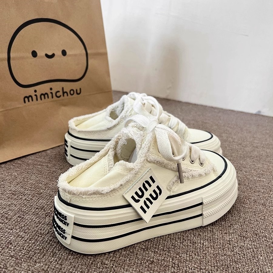Niche Original Super Fire Platform Canvas Shoes Women's 2024 Summer New All-match Casual Two-way Slip-on White Shoes