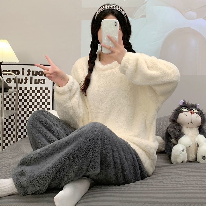 Winter Flannel Crewneck Pajamas Women's Long-sleeved New Warm Thickened Fleece-lined Pajamas Women's Suit