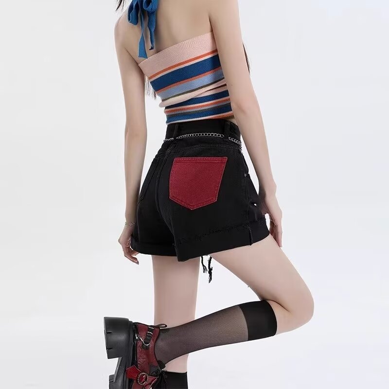 Denim Shorts Women's Small High Waist Slimming Design Sense A- word Wide Leg Pants Elegant All-match Black Hot Pants