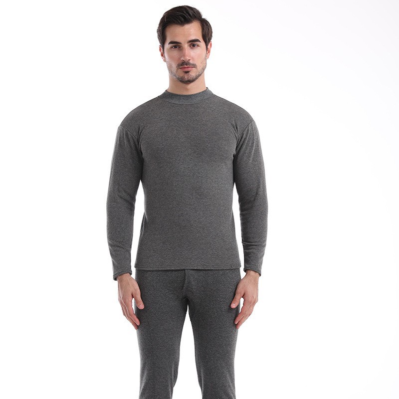 Picture of Men's Thermal Underwear suit Autumn and Winter Thin Solid Color Autumn Clothes and Pants fleece-lined Thickened Youth Base Shirt plus size