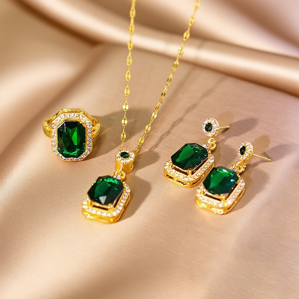 Picture of Emerald Pendant Necklace Women's All-match High-end Jewelry suit Women's Three-piece Set Earrings Ring Jewelry