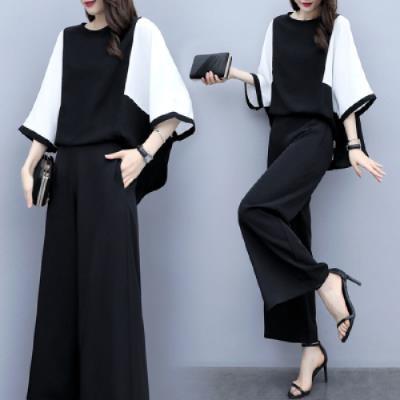 Cross-border New Women's Spring and Summer Two-piece Pants Stitching Loose Top Wide Leg Pants Casual Fashion Suit Women's Large Size