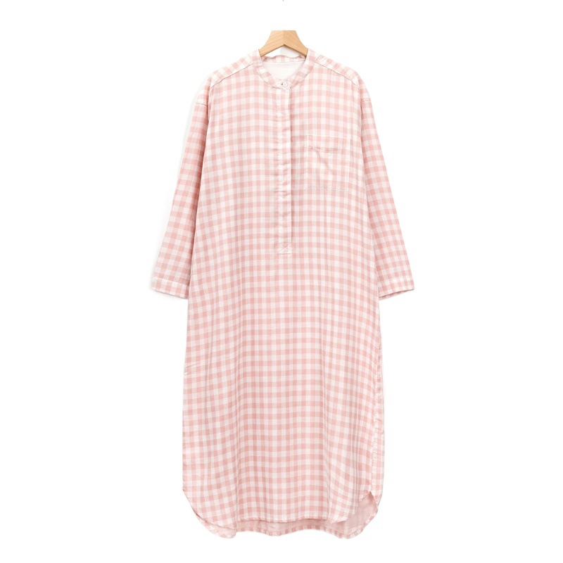 Picture of Double-Layer Gauze Nightgown, Japanese-Style Striped Plaid, All-Cotton Home Dress, Plus Size, Non-See-Through Pajamas, Pure Cotton Fabric, Breathable and Comfortable