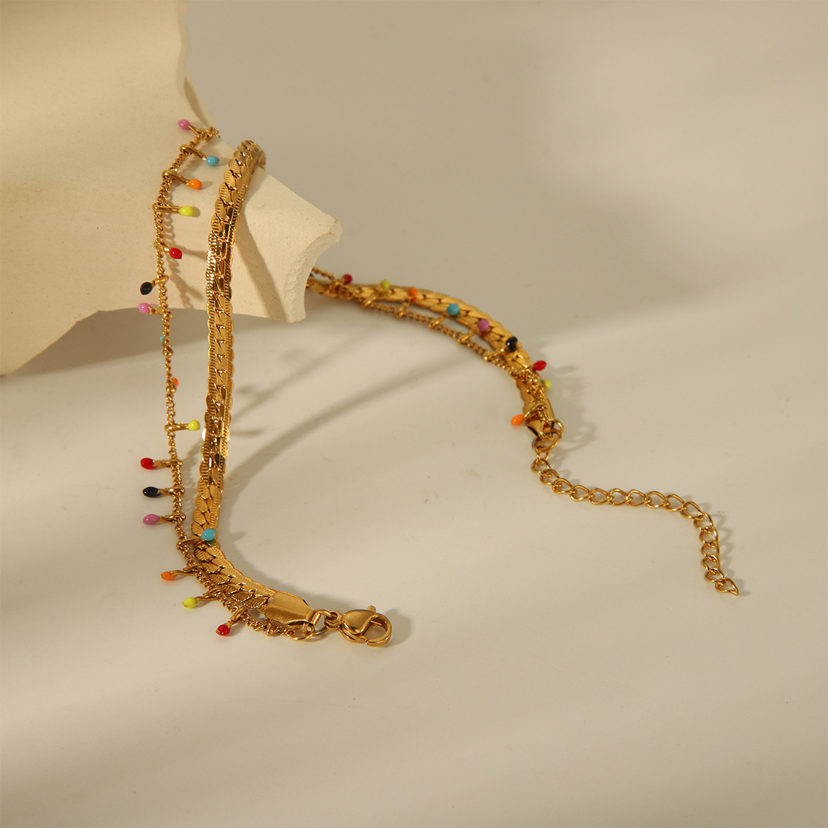 Beach style 18K real gold stainless steel color enamel Cuban chain anklet for ladies daily holiday wear