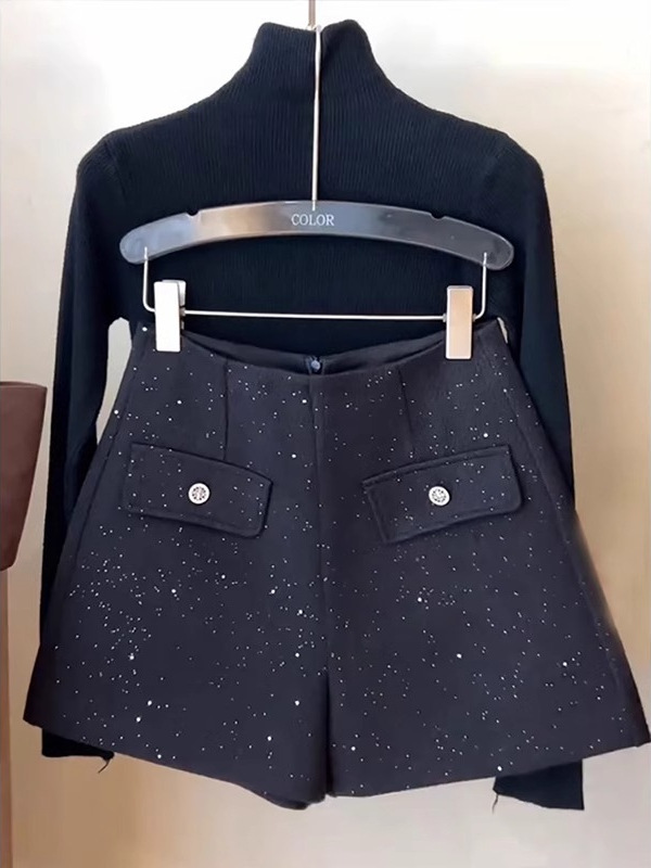 Starry Sky Glittering Sequin Woolen Shorts plus size Chubby mmA Version High Waist Wide Leg Pants Boots Casual Pants for Women