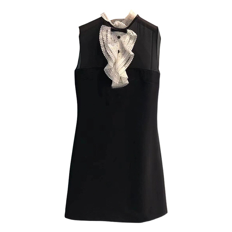 Miu Style Black Dress Hepburn Style Little Black Dress Lace Splicing Collar Socialite Sleeveless Vest Dress Spring A-Line Skirt