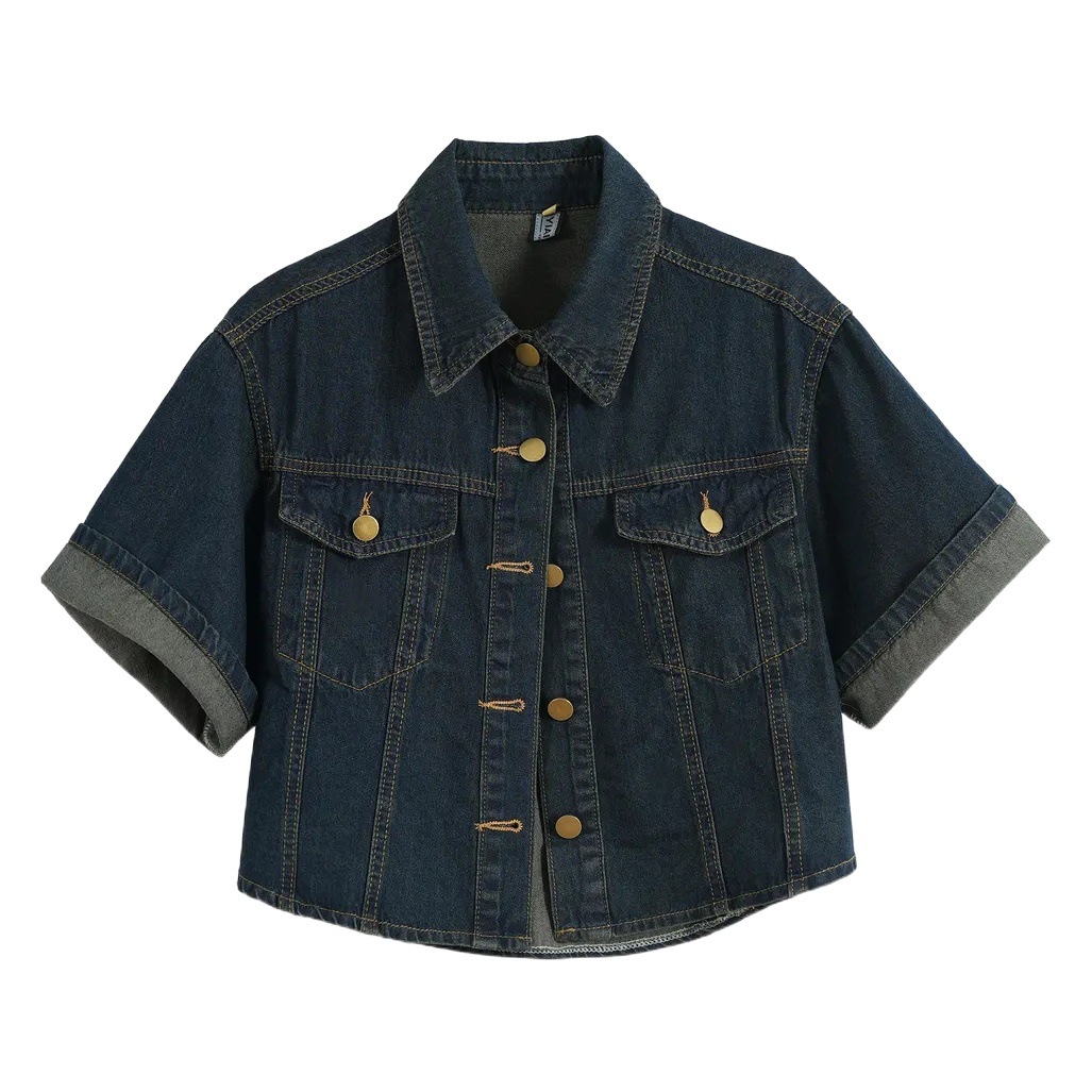 Summer Korean style chic Hong Kong style retro short short lapel loose Denim coat short sleeve shirt top for women