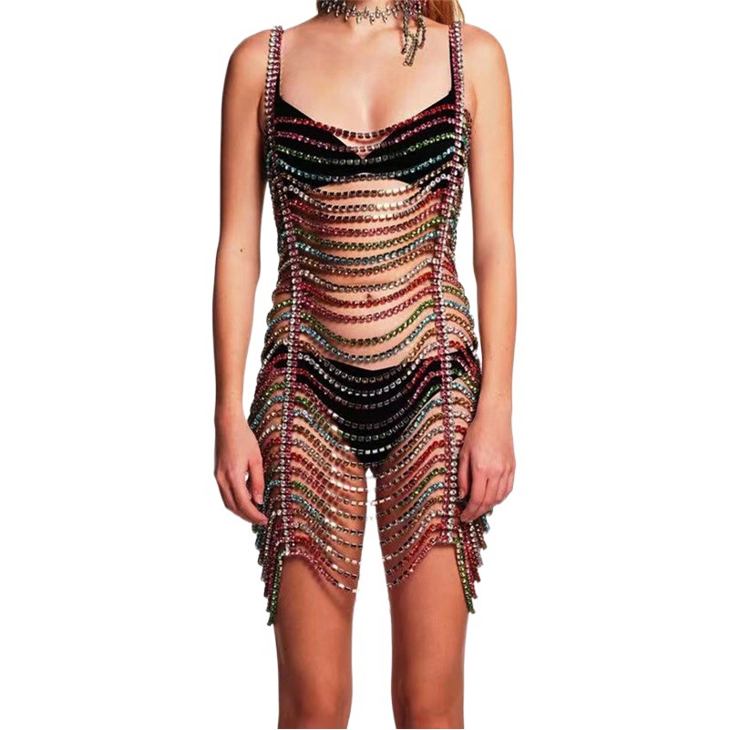 European and American Fashion Diamond-encrusted Long Body Chain Dress Sexy Prom Performance Costume Garment Chain Siamese Jewelry Women
