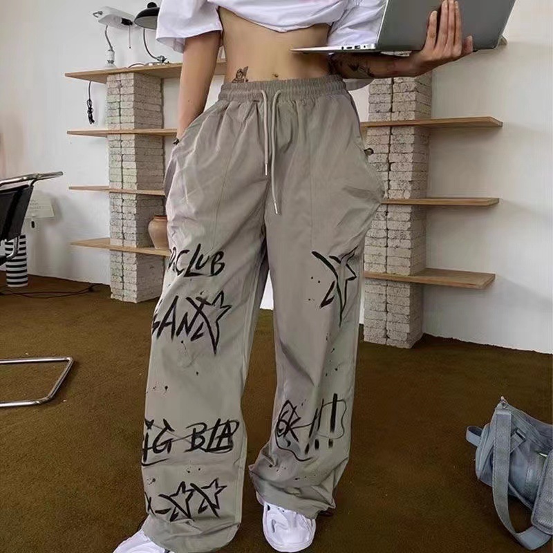 American street hip hop graffiti sports pants women's summer thin loose wide leg casual pants jazz hip hop pants fashion