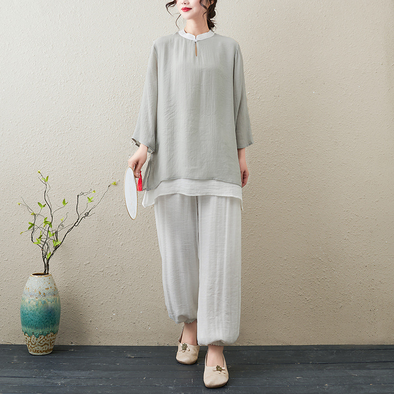 Picture of 2024 Spring and Autumn New Literary Retro Loose Cotton and Linen Zen Tea Suit National Style Tai Chi Suit Yoga Wear Two-Piece Set