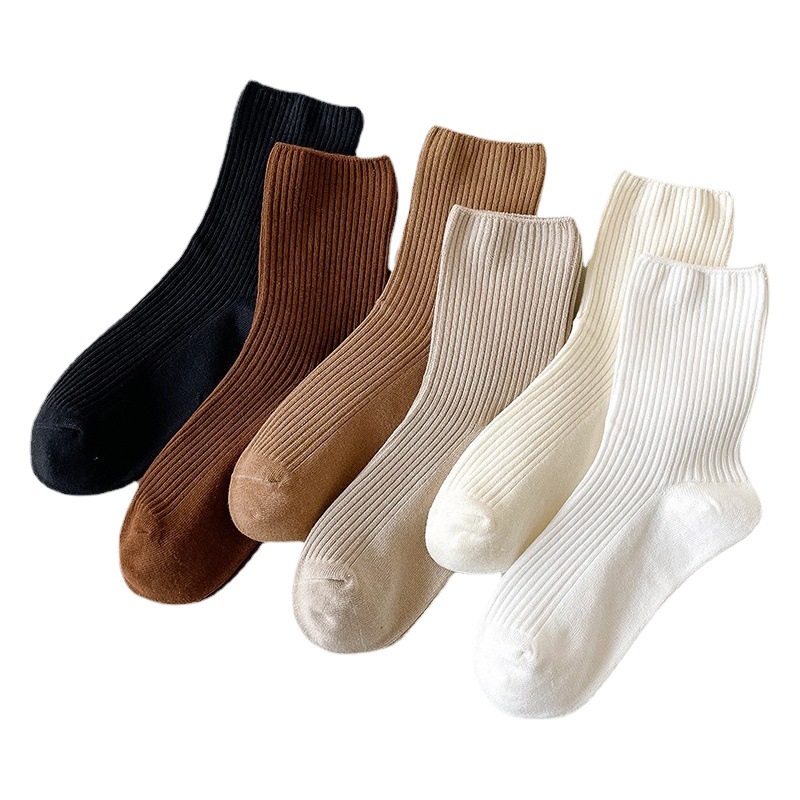 New Product Socks Women's Double Needle Curry Color Style Mid-tube Socks Simple Retro Style Flush Strip Women's Black and White Stockings Cotton Socks