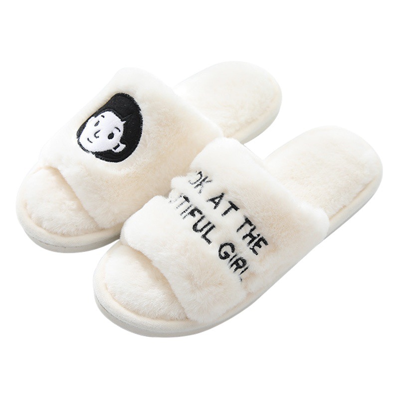 Korean-style cartoon head head couple slippers Mao Mao one-word slippers imitation rabbit fur moon slippers flat plush slippers