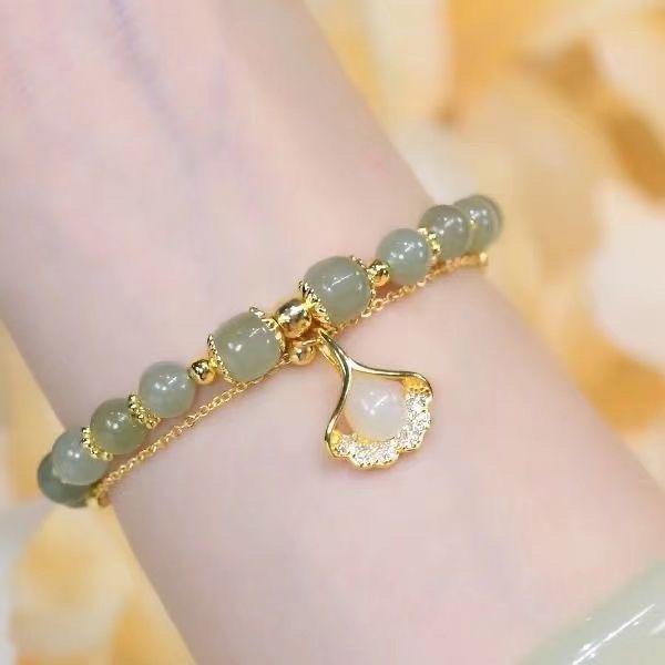 New Sansheng Lucky Bracelet Double Ginkgo Leaf Imitation Hetian Jade Bell Bracelet Internet Celebrity Shake Tone Same Style Girlfriend Ceremony
