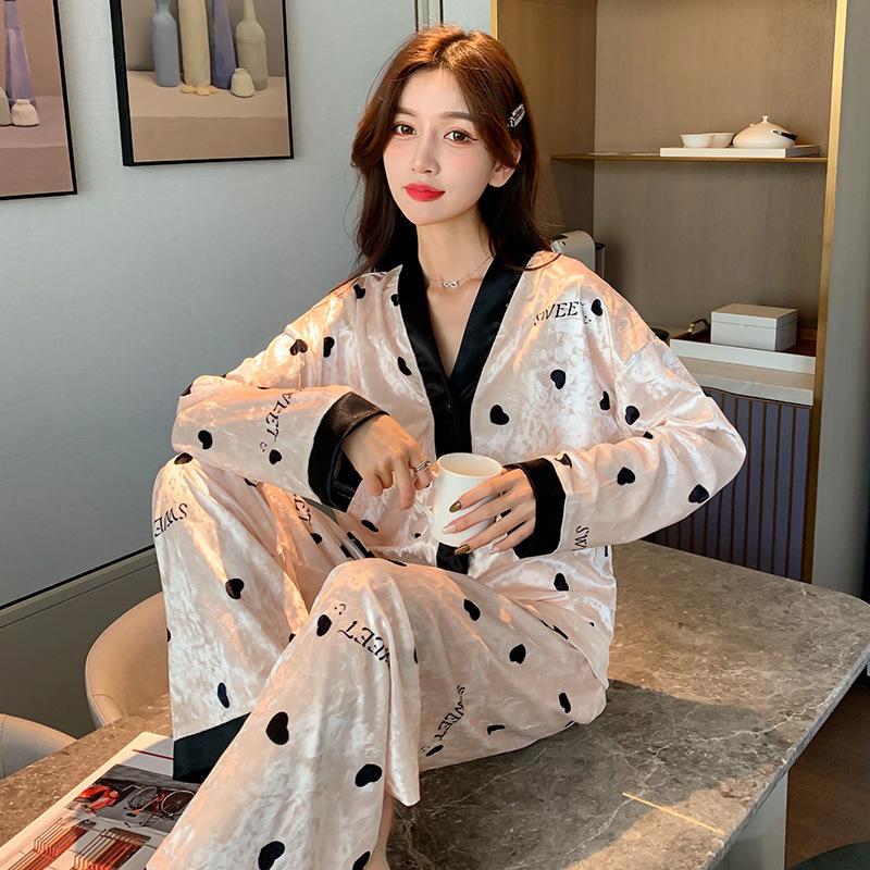 Foreign Trade Internet Hot Pajamas Women's Autumn and Winter New Long Sleeve Pants Golden Velvet Warm Suit Spring and Autumn Sexy Home Clothes