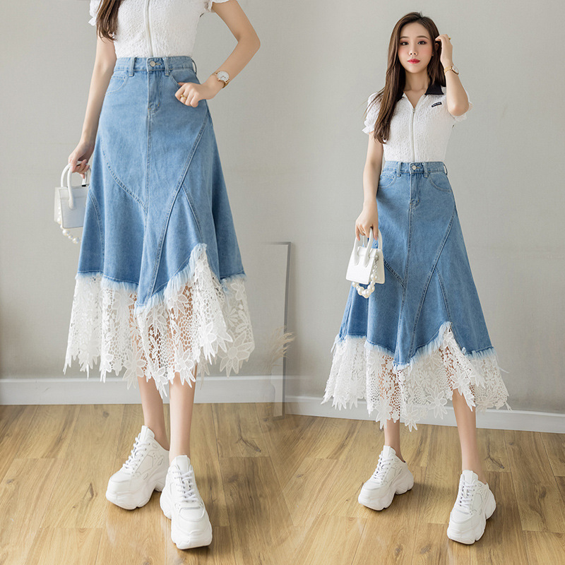 Real Shot of High-Waisted Asymmetrical A-Line Umbrella Skirt Mid-Length Lace Splicing Denim Skirt for Women Summer 2025 New Style
