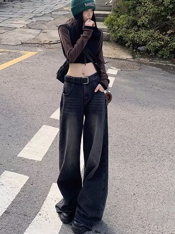 Black wide-leg jeans Women's American-style draping loose 2023 new high waist slimming casual straight mop pants