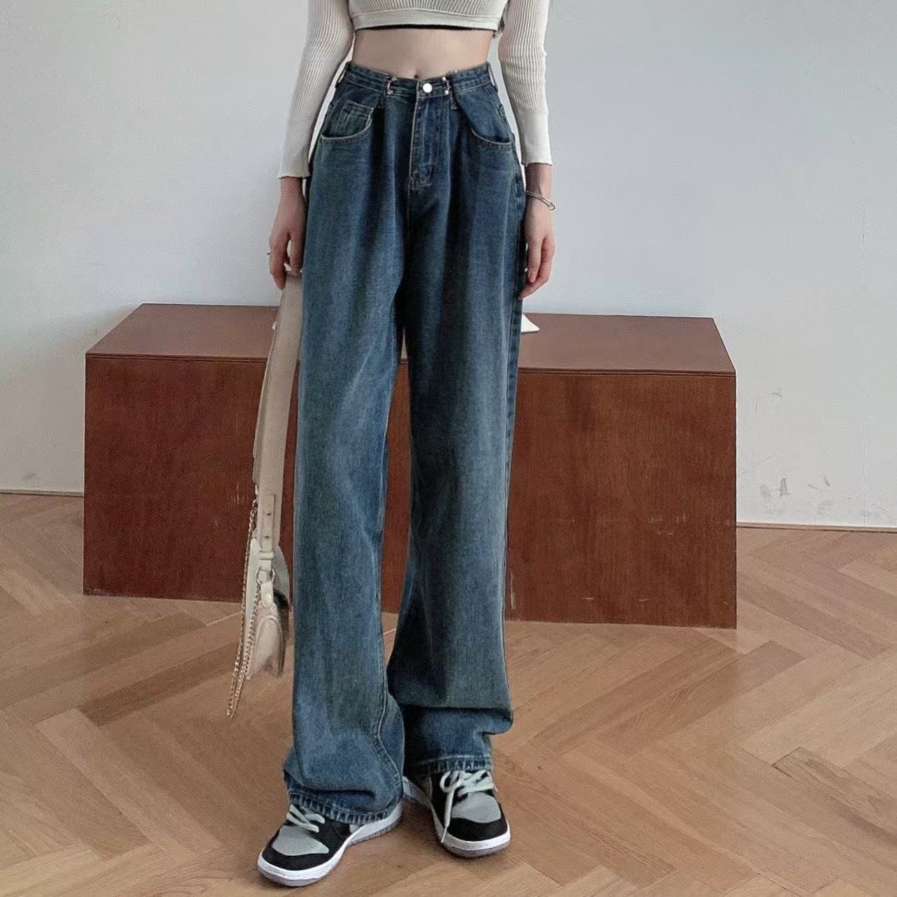 High-waisted double-hook design jeans girls' autumn 2025 new straight-leg loose wide-leg drape floor-length pants