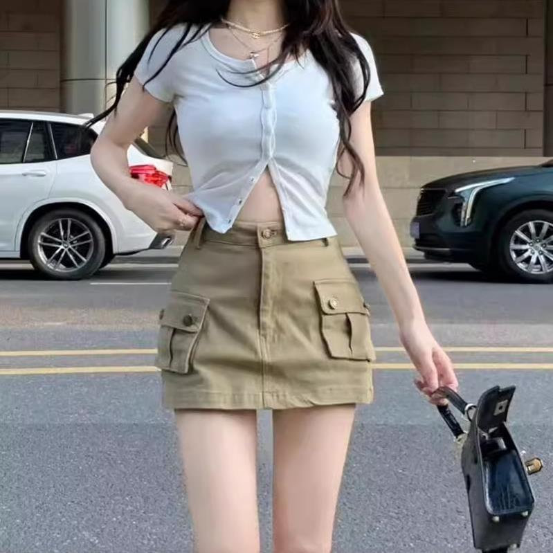 2024 New Spice Girls khaki A- shaped Workwear Skirt Women's Summer Denim Skirt Sexy Hip Skirt Pocket Skirt