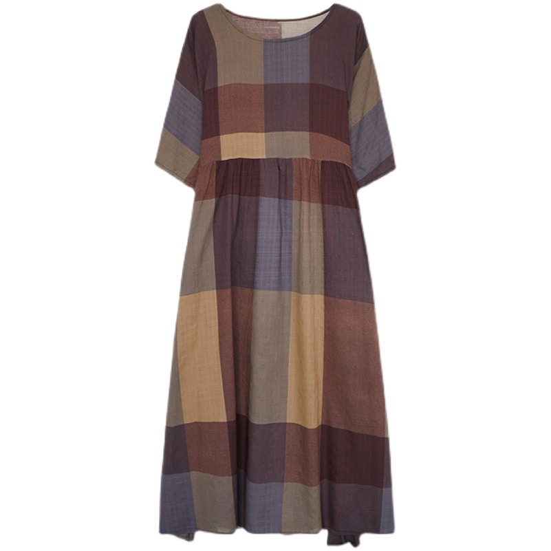 Foreign Trade plus size Women's Retro Artistic plus size Obesity Loose Slimming Plaid Printed Short-sleeved Long dress